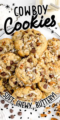 cowboy cookies on a white plate with chocolate chips and coconut flakes around the edges