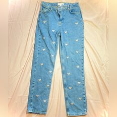 These Are Super Cute Coquette Light Blue Haper Heritage Mom-Jeans With Pink Hearts Embroidered All Down The Legs! Size 24, Never Worn Due To Jeans Being Too Small For Me, Jeans From Franchesca’s Cute Straight Leg Denim Bottoms, Cute High Waist Denim Blue Jeans, Cute High-waist Denim Blue Jeans, Casual Straight Leg Bottoms With Heart Print, Cute Embroidered Spring Jeans, Cute Blue Embroidered Jeans, Cute Embroidered Denim Bottoms, Trendy Heart Print Jeans For Spring, Cute Embroidered Blue Jeans