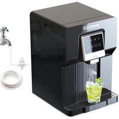 an espresso machine is shown next to a water dispenser and plugged in