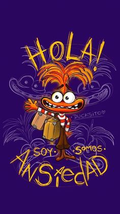 a cartoon character holding a bag with the words hola on it