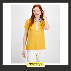 in stock Classic Relaxed Fit Tommy Hilfiger Shirt, Fitted Yellow Top With Polo Collar, Fitted Yellow Polo Shirt For Spring, Classic Fitted Yellow Polo Shirt, Fitted Yellow Classic Polo Shirt, Fitted Tommy Hilfiger Shirt For Workwear, Classic Yellow Short Sleeve Tops, Classic Yellow Polo Shirt For Spring, Classic Tommy Hilfiger Summer T-shirt