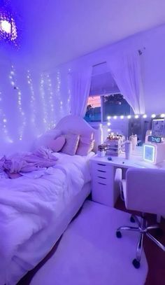 a bedroom decorated in white and purple with lights on the walls, bedding and desks