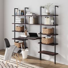 a room with a chair, desk and shelves on the wall that have baskets in them