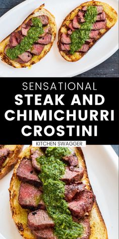 steak and chimichurri crostini with pesto on toasted bread