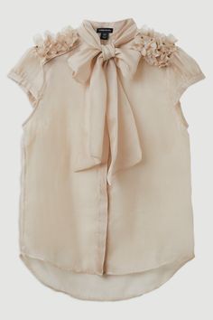 The Founder Organza Petal Applique Woven Tie Neck Blouse Silk Cream Top For Office, Cream Silk Top For Office, Cream Silk Party Tops, Elegant Cream Silk Blouse, Elegant Short Sleeve Wedding Blouse Piece, Silk Collar Blouse For Party, Silk Party Top With Collar, Feminine Silk Cream Top, Cream Silk Feminine Top