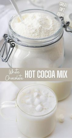 hot cocoa mix in a glass jar with spoons and white chocolate on the side