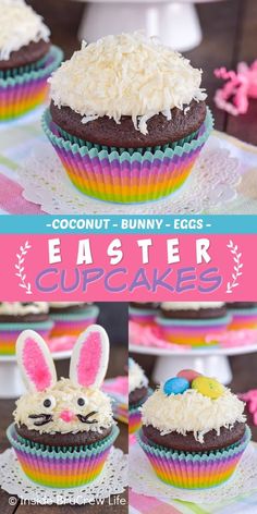 chocolate cupcakes with coconut butter and bunny ears on top, decorated with white frosting