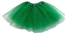 a green tutu skirt with gold stars on the top and bottom, sitting in front of a white background