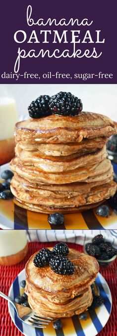 a stack of pancakes with blueberries on top and the words banana oatmeal pancakes