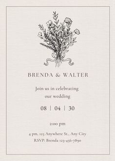 an elegant wedding card with flowers on the front and back, is shown in black ink