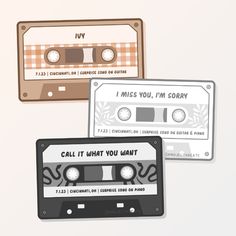 three cassette tapes with the words i miss you, i'm sorry and an old fashioned cassette tape