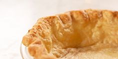 a close up of a pie in a glass bowl