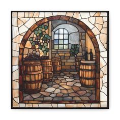 a stained glass window with some wine barrels