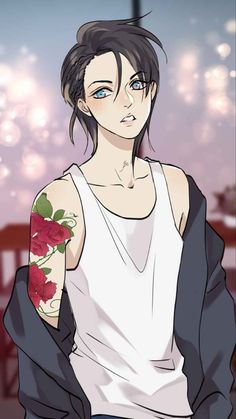 an anime character with tattoos on his arm and shoulder, standing in front of a cityscape