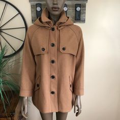 Nwt / No Issues / Fully Lined / Detachable Hood / Button Front / 51% Wool 39% Polyester / Taupe Color Hooded Workwear Outerwear With Buttons, Hooded Buttoned Outerwear For Work, Casual Beige Pea Coat With Pockets, Hooded Outerwear With Button Closure For Work, Casual Beige Collared Pea Coat, Casual Beige Pea Coat, Casual Pea Coat For Cold Weather With Pockets, Casual Collared Pea Coat For Spring, Hooded Brown Outerwear For Work