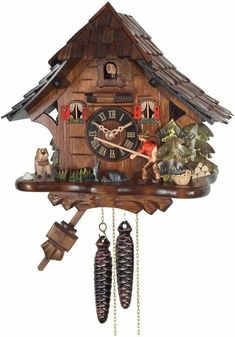 Musical Black Forest Cuckoo Clock With Dancers, Waterwheel, And Beer Drinker - 14 Inches Tall - GermanGiftOutlet.com
 - 11 Novelty Clocks, Cuckoo Clocks, Edelweiss Flower, Chalet Style, River City, Tree Carving, Small Ponds, Gongs, Fishing Pole