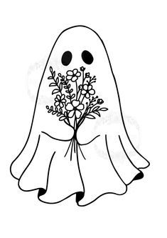 a ghost holding a bouquet of flowers with eyes on it's face and nose