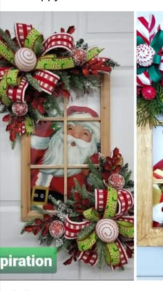 a christmas wreath hanging on the side of a door with an image of santa claus