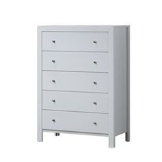 a white dresser with five drawers and two doors on one side, in front of a white background