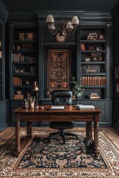 This dark home office features a rich dark tapestry as the focal point, creating an elegant, moody atmosphere that complements the dark modern office design, perfect for a small moody office or a home office dark setup. Moody Office Ideas, Small Moody Office, Dark Home Office, Grand Office, Gray Room Ideas, Dark Tapestry, Gray Interior Design, Color In Interior Design, Art Deco Bedrooms