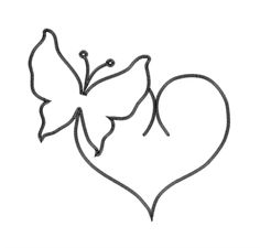 the outline of a heart with a butterfly on it's wings, as well as a line drawing of a flower