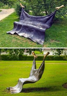 two pictures of a metal sculpture in the grass and one has a black cloth draped over it