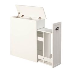 a white cabinet with an open door and two drawers on the bottom, in front of a white background