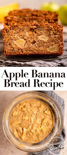 an apple banana bread recipe in a glass bowl