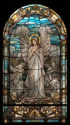 a stained glass window with an angel in it