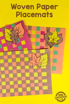 two pieces of paper with leaves cut out on them and the words woven paper placemats