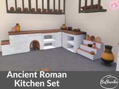 an ancient roman kitchen set with pots and vases on the counter, stairs to the second floor