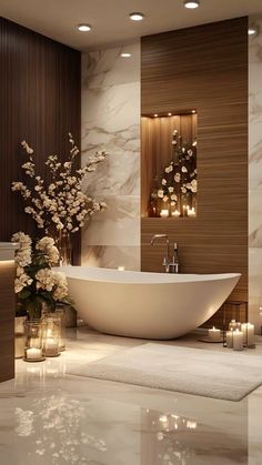 a bath room with a large tub and candles