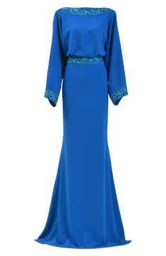 Lovely lace trim traces the neckline, cuffs and waist of this elegantly draped gown completed by sweeping wide sleeves and a puddle train. 60" length Hidden back-zip closure Boat neck Long sleeves Lined 60% viscose, 20% nylon, 20% polyester Dry clean Imported Elegant Blue Maxi Dress With Cape Sleeves, Elegant Blue Gown With Cape Sleeves, Fitted Floor-length Evening Kaftan, Fitted Floor-length Kaftan For Evening, Formal Fitted Floor-length Kaftan, Fitted Floor-length Kaftan For Formal Occasions, Fitted Blue Maxi Dress With Cape Sleeves, Blue Fitted Maxi Dress With Cape Sleeves, Elegant Long Dress Kaftan For Formal Occasions