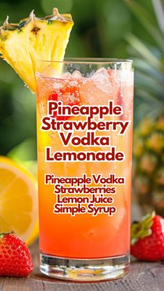 During sunny days at the bar, Pineapple Vodka Strawberry Lemonade is always a hit. This drink mixes sweet strawberries with tangy lemon and the tropical hint of pineapple vodka for a refreshing twist. Guests enjoy its fresh, lively taste, perfect for cooling down and relaxing. #pineapplestrawberryvodkalemonade via @mybartender Fresh Pineapple Drinks Alcohol, Pineapple Vodka Lemonade, Lemonade With Alcohol Recipes, Cocktail Recipes With Lemonade, Best Sweet Alcoholic Drinks, Good Summer Drinks Non Alcoholic, Mixed Drinks With Pineapple Juice, Alcoholic Drinks With Lemonade, Lemonade Mixed Drinks Alcohol