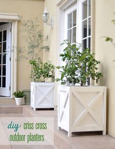 two white planters with plants in them sitting on the side of a building next to a door