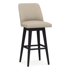 an upholstered bar stool with a black frame and beige fabric seat padding