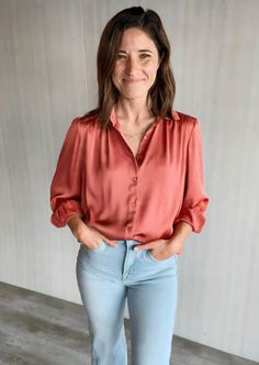 Skies Are Blue Terracotta Crinkled Satin Blouse Satin Blouse Outfit Jeans, Terracotta Outfit, Satin Blouse Outfit, Celebrity Look Alike, Light Jeans, Soft Autumn, Button Up Dress, Satin Blouse, Lace Cami