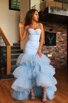 Mermaid Sweetheart Floor Length Tulle Paillette Prom Dress Layered Prom Dress, Blue Mermaid Prom Dress, Tulle Prom Dresses, Strapless Prom Dress, Mermaid Prom Dress, Prom Dress Stores, Blue Mermaid, Blue Tulle, Vestidos Prom