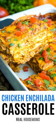 chicken enchilada casserole in a white baking dish with text overlay