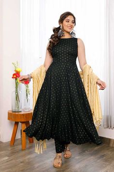 Buy Black Polka Dots Rayon Anarkali With Pants And Golden Embroidered Tissue Dupatta Anarkali With Pants, Tissue Dupatta