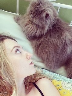 a woman laying in bed next to a cat