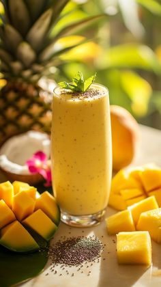 a glass filled with fruit and topped with a green leafy garnish next to sliced pineapples