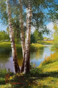 a painting of some trees by the water