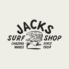 the jack's surf shop logo is shown in black and white on a gray background