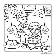 an adult and child are sitting on the floor coloring page