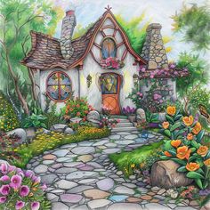 a drawing of a house in the woods with flowers and rocks on the path leading to it