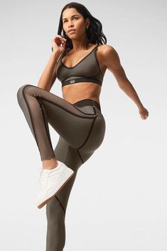 A fresh take on our fan-favorite Line Up Leggings, this version shows a little skin, thanks to mesh panels that run from the thighs to the ankles. The rest of the details are true to the original design, with a flocked, ribbed, velvety waistband and flocked, body-contouring details that flatter where it matters. They’re made from our signature Airlift for a sculpting, lifting fit with a slightly shiny finish. Pair with the Line Up Bra to create a compliment-catching performance set. Traje Casual, Tank Top Bras, Womens Capris, Pink Sports, Athleisure Wear, Tank Top Long Sleeve, Sportswear Brand, Olive Tree, Body Contouring