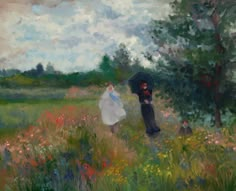 a painting of two people in a field with an umbrella