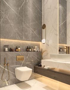 a modern bathroom with marble walls and flooring