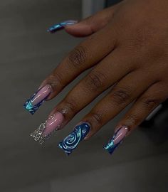 Short Blue And Silver Nails, Nail Color Scheme Ideas, Long Nail Designs 2024 Trends, Marine Nails Designs, Blue On Blue French Tip Nails, Scorpio Nails Designs Short, Blue Sweet 16 Nails, Square Medium Nails Acrylics, Baby Blue And Black Nails